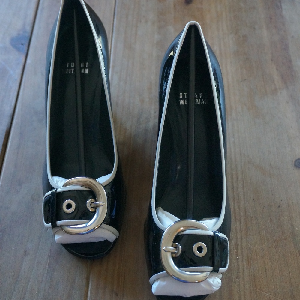 Stuart Weitzman Black Patent Peep Tow Wedges.